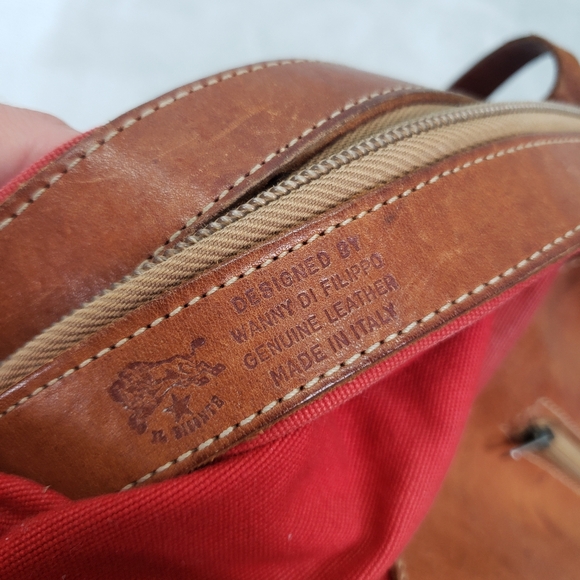 IL Bisonte Candy Leather / Canvas Large Tote Shoulder Bag Red Tan Brown Purse - Picture 11 of 16